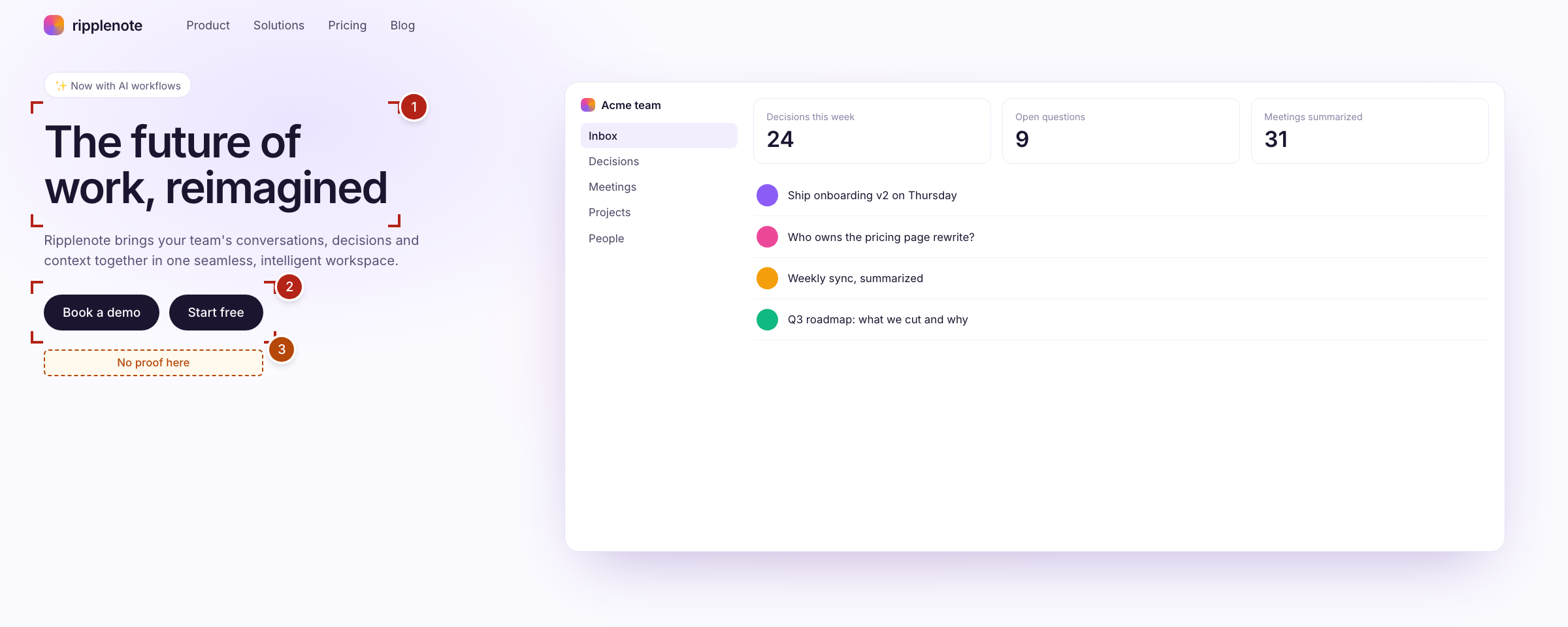 Before: a fictional startup page with three problems flagged. The headline is vague, two buttons compete for the same click, and there is no proof near them.